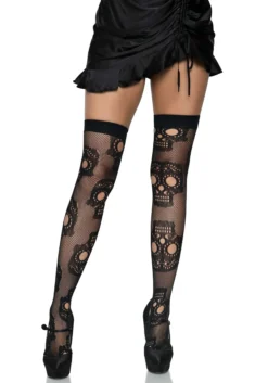 LEG AVENUE Sugar Skull Net Thigh High Stockings For Women
